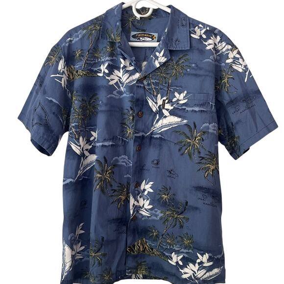 Vintage Hawaiian Shirt Men’s Medium Blue Short Sleeve Island and Palm Tree Print - Picture 1 of 8